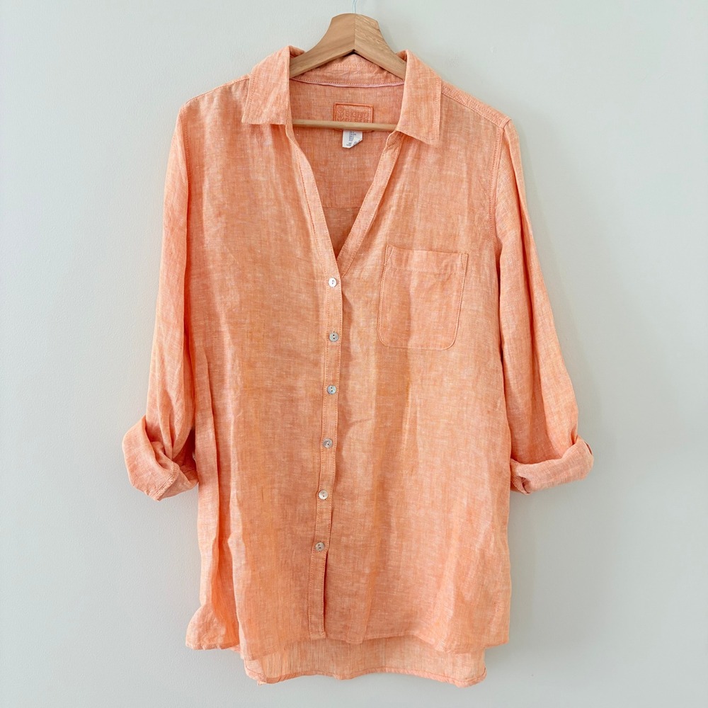 Sigrid Olsen Button Down Shirt L Peach Orange Linen Roll Tab Long Sleeve Casual - Picture 2 of 7